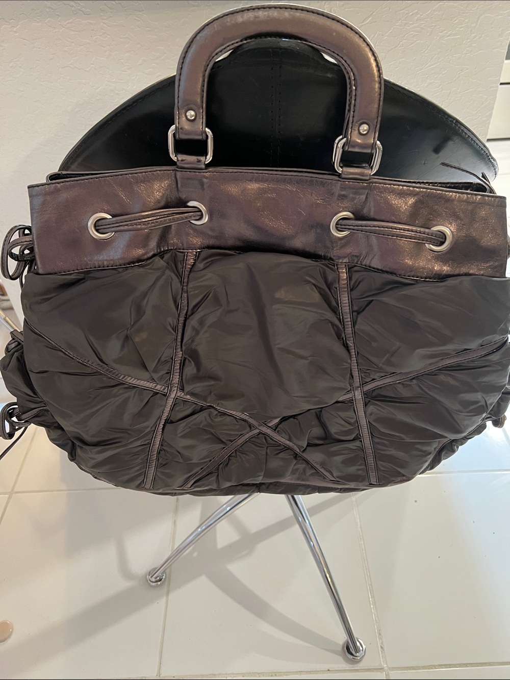 DONALD PLINER VTG XL Black quilted nylon trimmed with Bronze Metallic leather